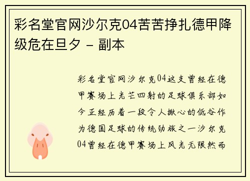 彩名堂官网沙尔克04苦苦挣扎德甲降级危在旦夕 - 副本