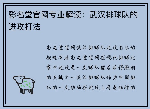 彩名堂官网专业解读：武汉排球队的进攻打法
